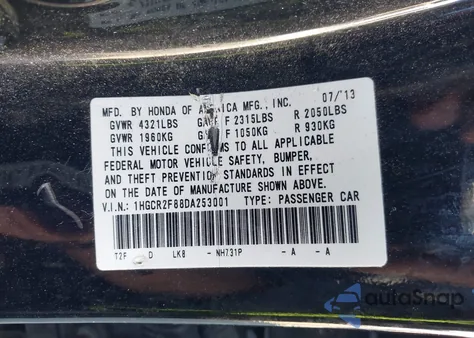 2013 Honda Accord Ex-L from USA, damaged, VIN 1HGCR2F88DA253001